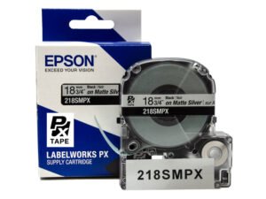 218SMPX — Epson LabelWorks 18mm 3/4" x 30' Black on Silver Matte PET Tape