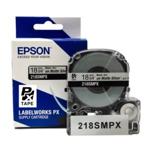 218SMPX — Epson LabelWorks 18mm 3/4" x 30' Black on Silver Matte PET Tape