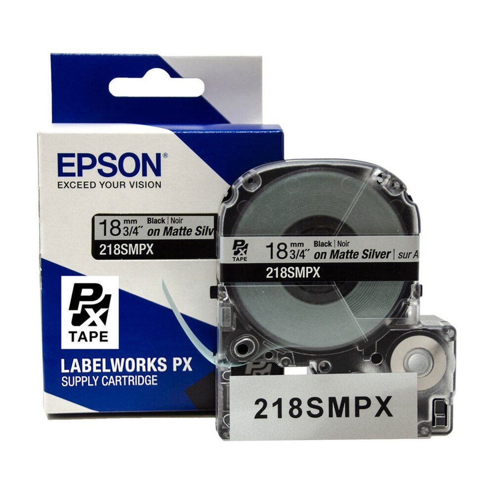 218SMPX — Epson LabelWorks 18mm 3/4" x 30' Black on Silver Matte PET Tape