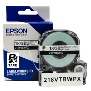 218VTBWPX — Epson LabelWorks 18mm 3/4" x 22.9' Black on White Vinyl Tape