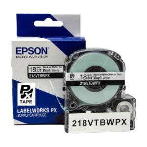 218VTBWPX — Epson LabelWorks 18mm 3/4" x 22.9' Black on White Vinyl Tape