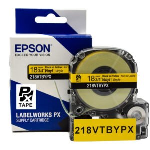 218VTBYPX — Epson LabelWorks 18mm 3/4" x 22.9' Black on Yellow Vinyl Tape