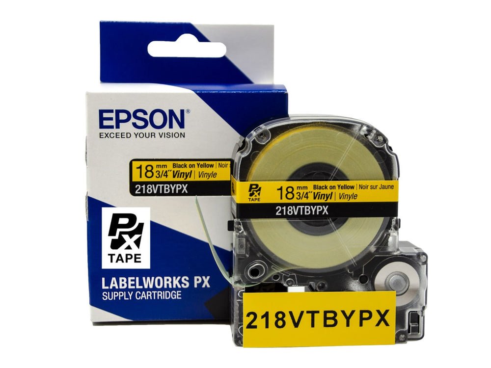 218VTBYPX — Epson LabelWorks 18mm 3/4" x 22.9' Black on Yellow Vinyl Tape