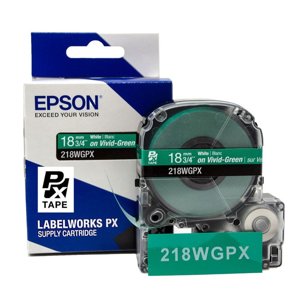 218WGPX — Epson LabelWorks 18mm 3/4" x 30' White on Vivid-Green PET Tape