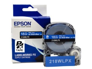 218WLPX — Epson LabelWorks 18mm 3/4" x 30' White on Vivid-Blue PET Tape