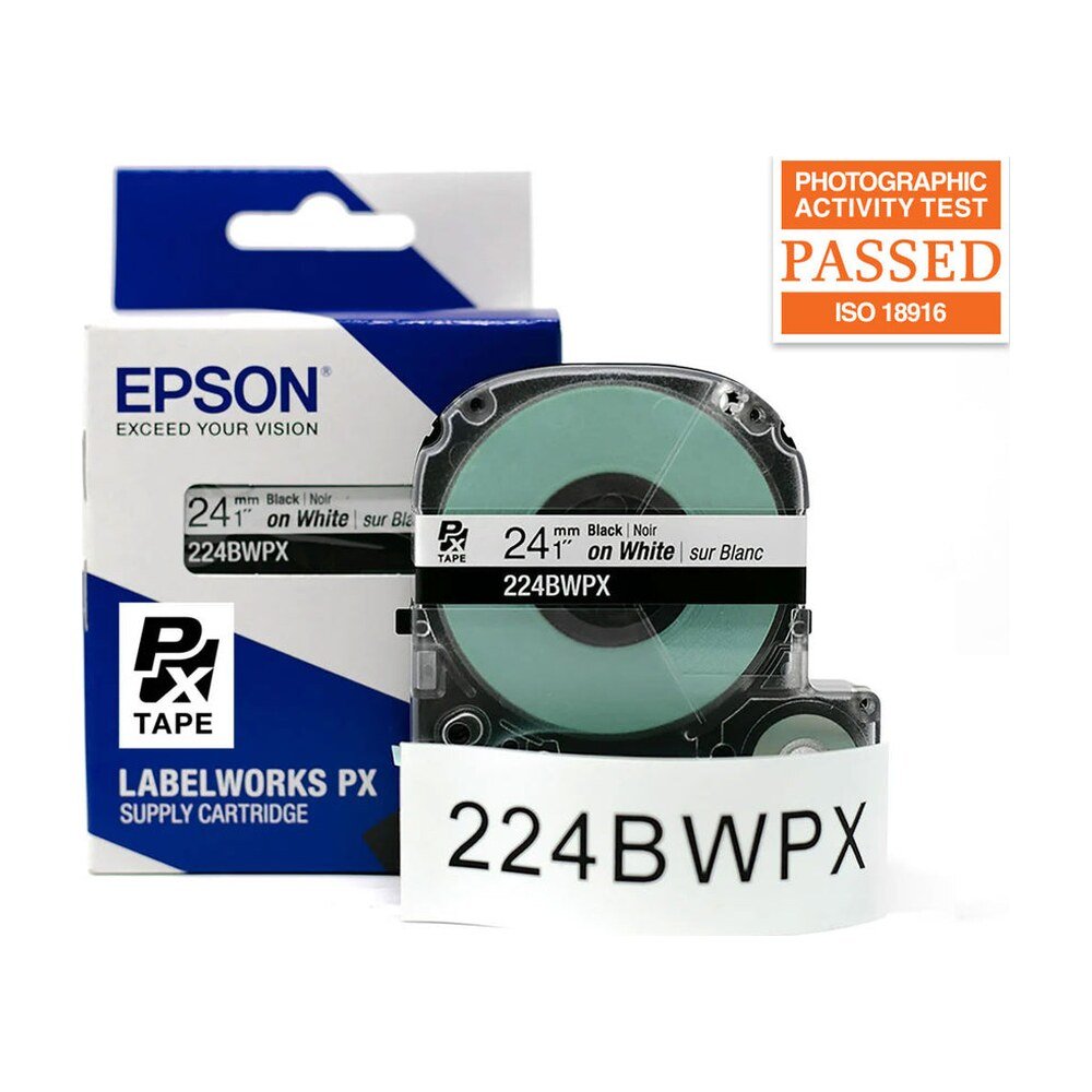 224BWPX — Epson LabelWorks 24mm 1" x 30' Black on White PET Tape
