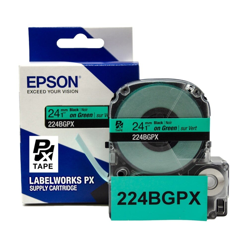 224BGPX — Epson LabelWorks 24mm 1" x 30' Black on Green PET Tape