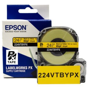 224VTBYPX — Epson LabelWorks 24mm 1" x 22.9' Black on Yellow Vinyl Tape