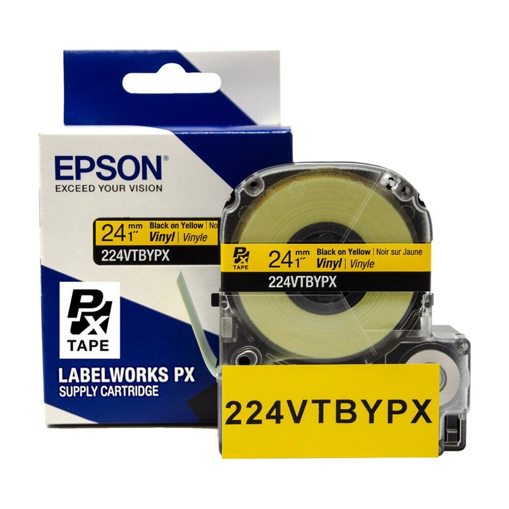 224VTBYPX — Epson LabelWorks 24mm 1" x 22.9' Black on Yellow Vinyl Tape