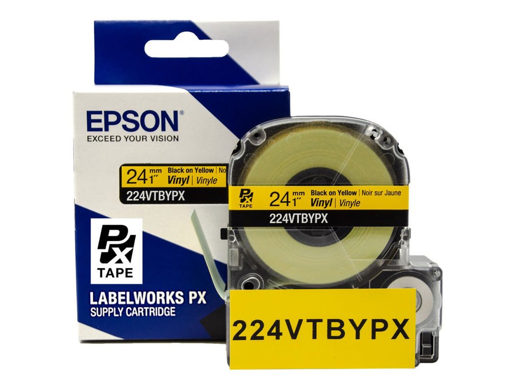 224VTBYPX — Epson LabelWorks 24mm 1" x 22.9' Black on Yellow Vinyl Tape