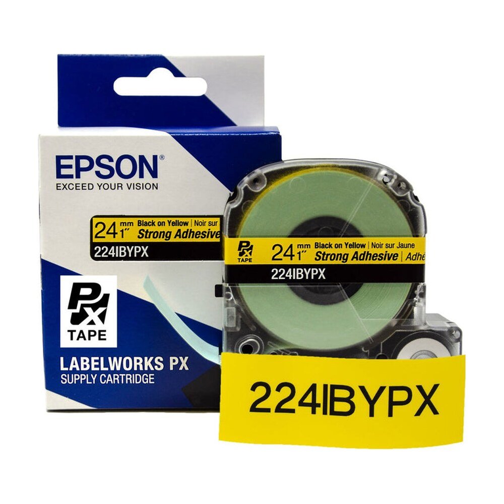 224IBYPX — Epson LabelWorks 24mm 1" x 30' Black on Yellow PET Tape Strong Adhesive