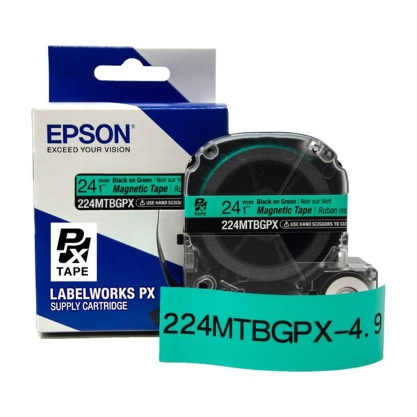 224MTBGPX-4.9 — Epson LabelWorks 24mm 1″ x 4.9′ Black on Green Magnet Tape