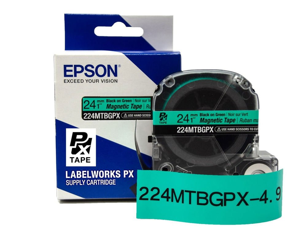 224MTBGPX-4.9 — Epson LabelWorks 24mm 1" x 4.9' Black on Green Magnet Tape