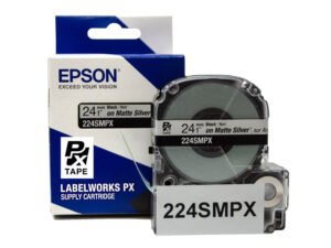224SMPX — Epson LabelWorks 24mm 1" x 30' Black on Silver Matte PET Tape