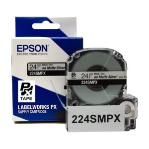 224SMPX — Epson LabelWorks 24mm 1" x 30' Black on Silver Matte PET Tape