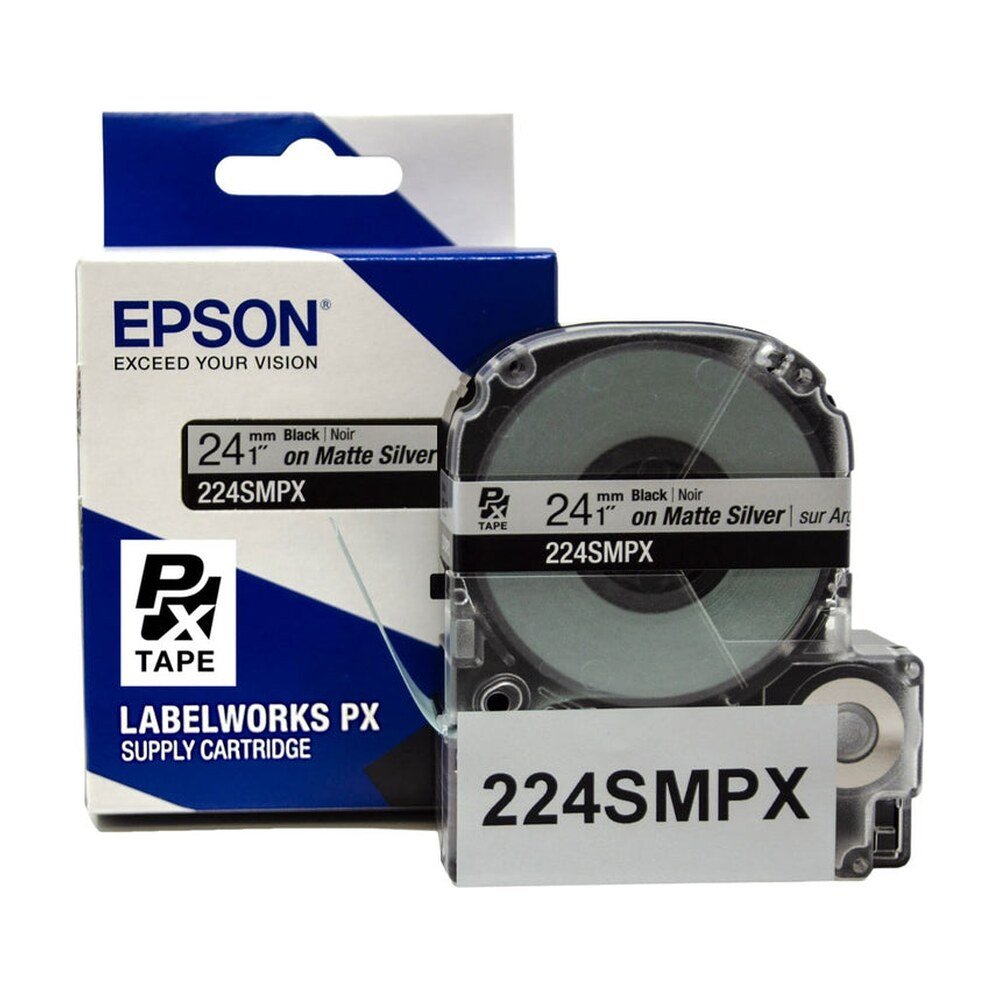 224SMPX — Epson LabelWorks 24mm 1" x 30' Black on Silver Matte PET Tape