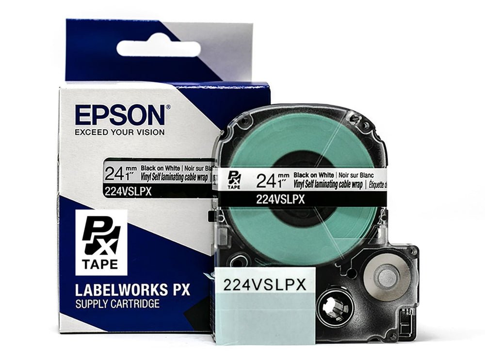 224VSLPX — Epson LabelWorks 24mm 1" x 26.2' Black Ink on Vinyl Self Lam Overwrap (1/4"White,3/4"Clear)