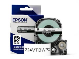 224VTBWPX — Epson LabelWorks 24mm 1" x 22.9' Black on White Vinyl Tape