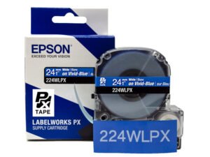 224WLPX — Epson LabelWorks 24mm 1" x 30' White on Vivid-Blue PET Tape