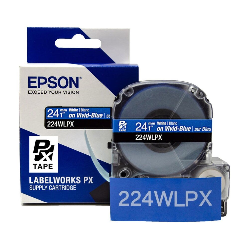 224WLPX — Epson LabelWorks 24mm 1" x 30' White on Vivid-Blue PET Tape