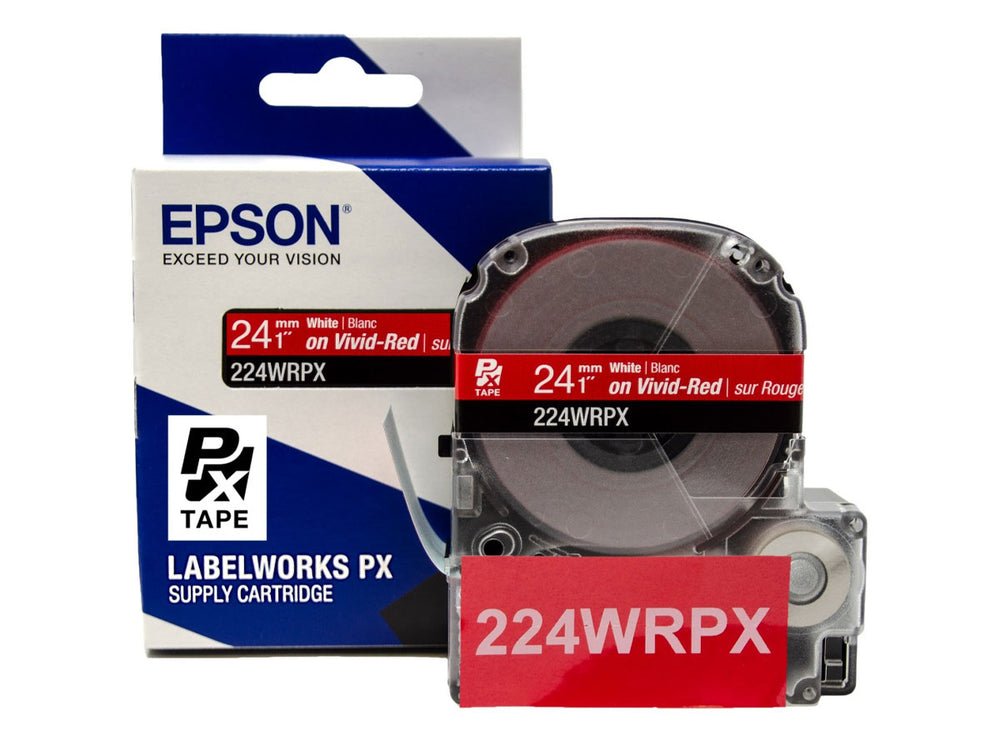 224WRPX — Epson LabelWorks 24mm 1" x 30' White on Vivid-Red PET Tape