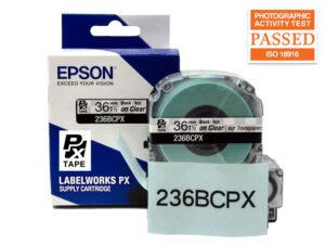 236BCPX — Epson LabelWorks 36mm 1-1/2" x 30' Black on Clear PET Tape