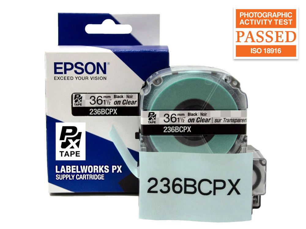 236BCPX — Epson LabelWorks 36mm 1-1/2" x 30' Black on Clear PET Tape