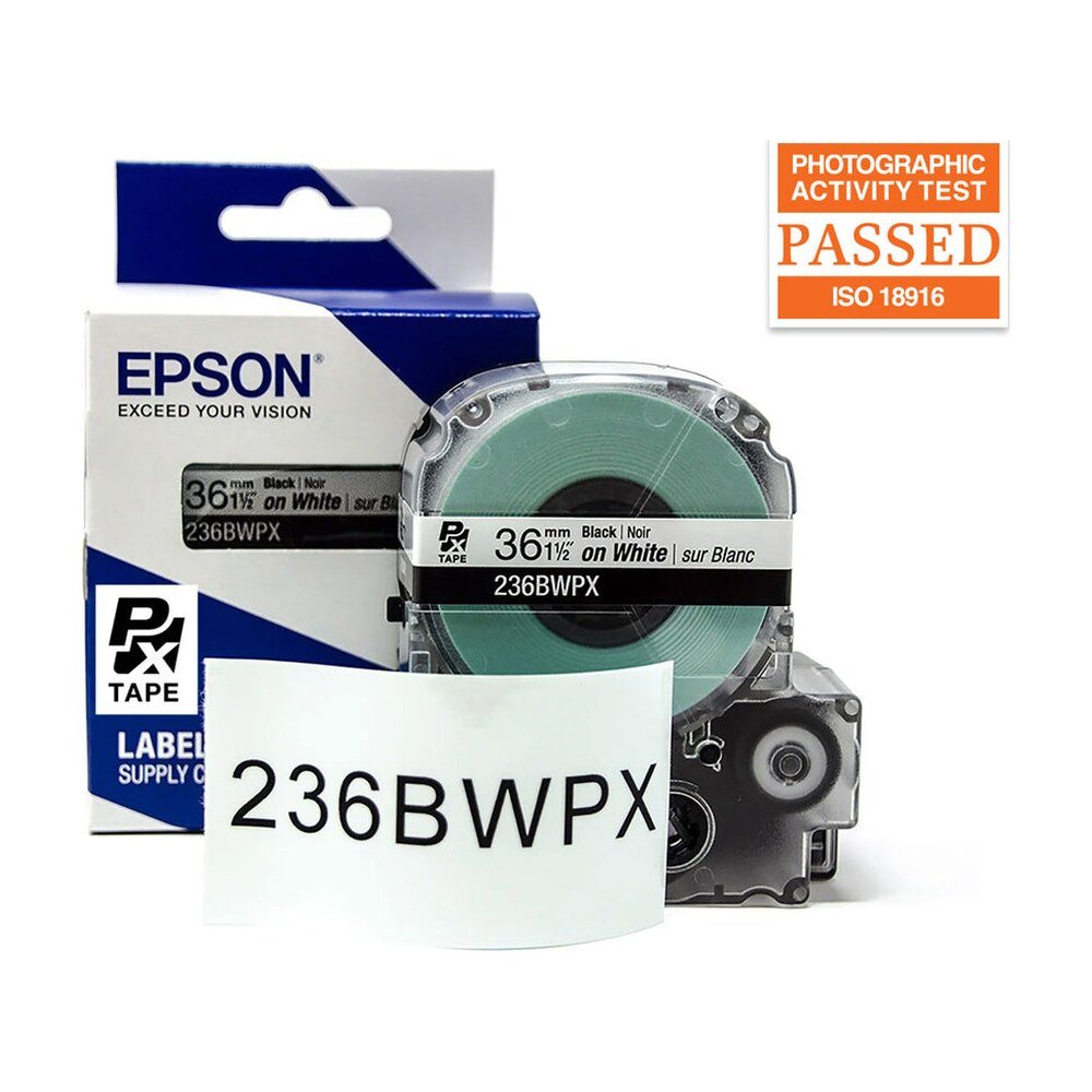 236BWPX — Epson LabelWorks 36mm 1-1/2" x 30' Black on White PET Tape