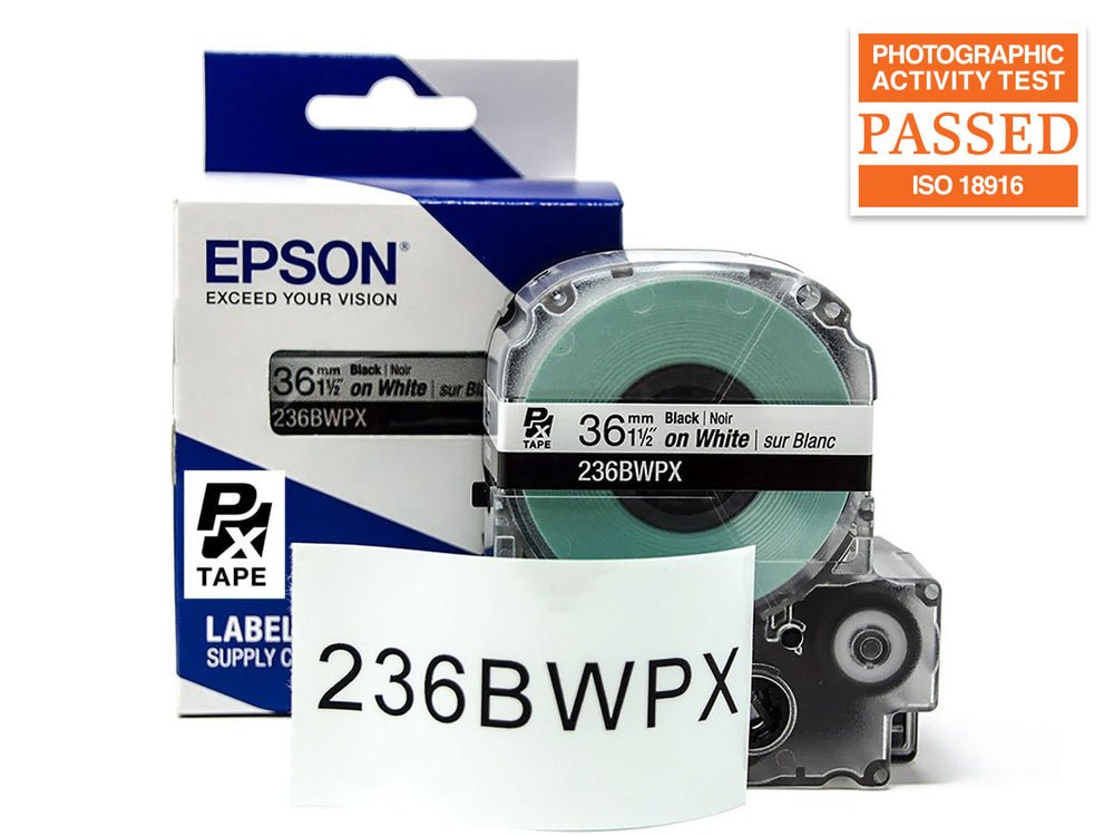 236BWPX — Epson LabelWorks 36mm 1-1/2" x 30' Black on White PET Tape