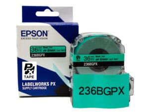 236BGPX — Epson LabelWorks 36mm 1-1/2" x 30' Black on Green PET Tape