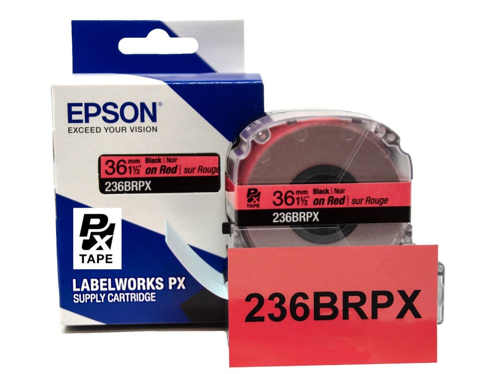 236BRPX — Epson LabelWorks 36mm 1-1/2" x 30' Black on Red PET Tape