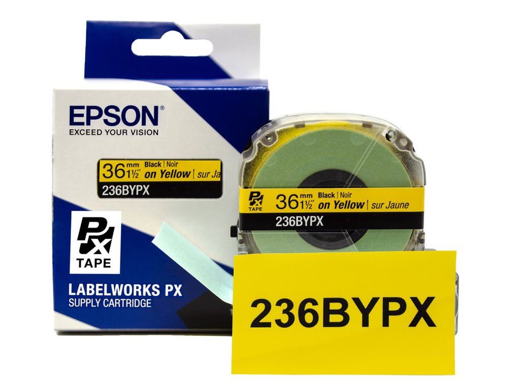 236BYPX — Epson LabelWorks 36mm 1-1/2" x 30' Black on Yellow PET Tape