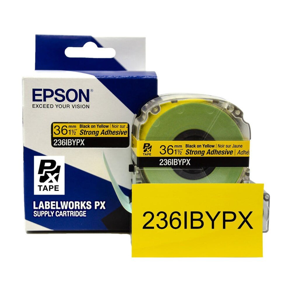 236IBYPX — Epson LabelWorks 36mm 1-1/2" x 30' Black on Yellow PET Tape Strong Adhesive