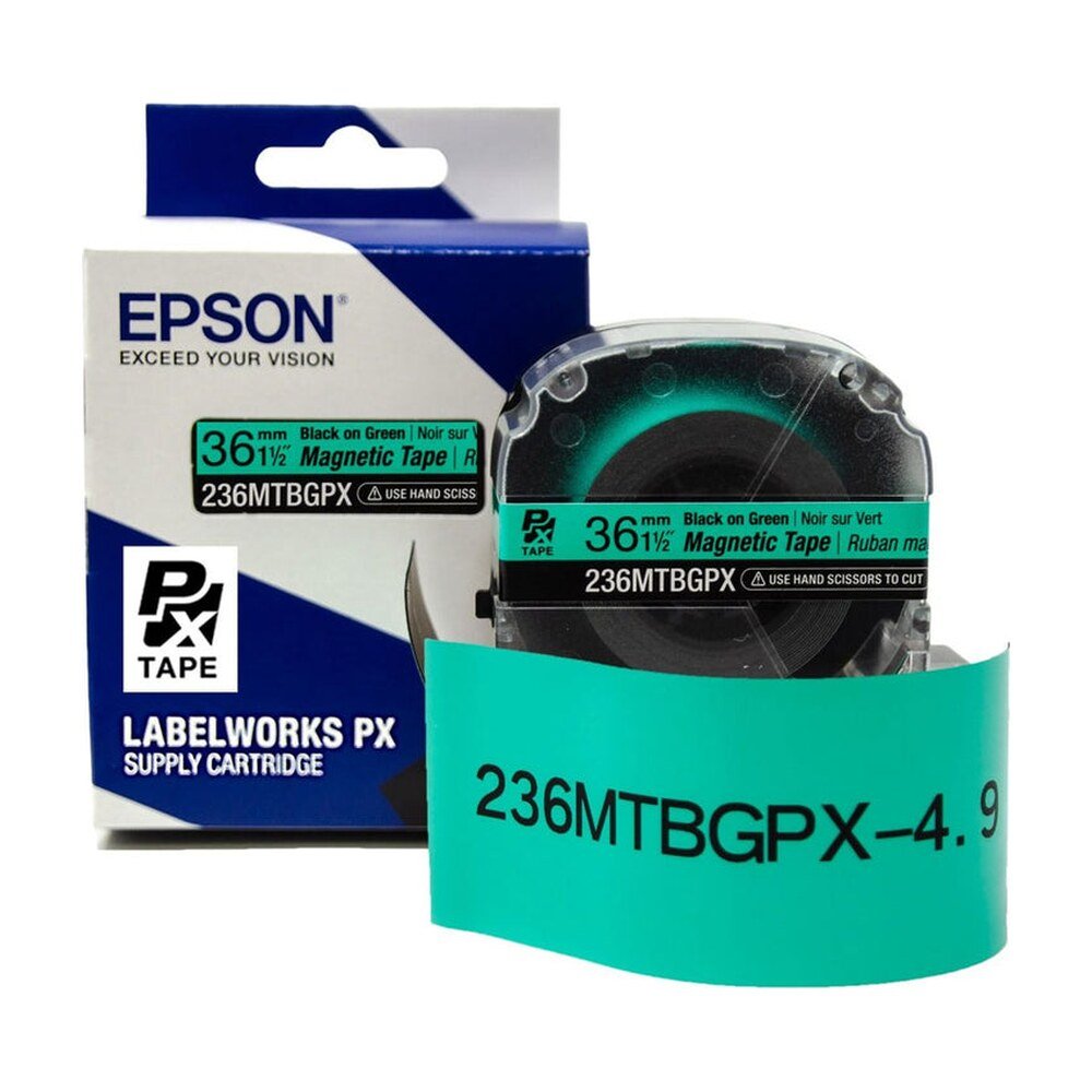 236MTBGPX-4.9 — Epson LabelWorks 36mm 1-1/2" x 4.92' Black on Green Magnet Tape