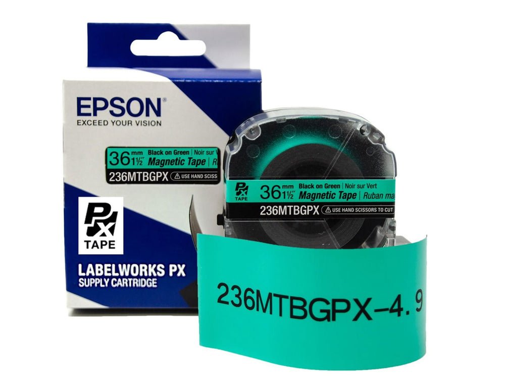 236MTBGPX-4.9 — Epson LabelWorks 36mm 1-1/2" x 4.92' Black on Green Magnet Tape