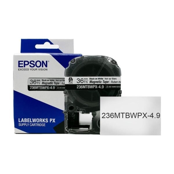 236MTBWPX-4.9 — Epson LabelWorks 36mm 1-1/2″ x 4.92′ Black on White Magnet Tape