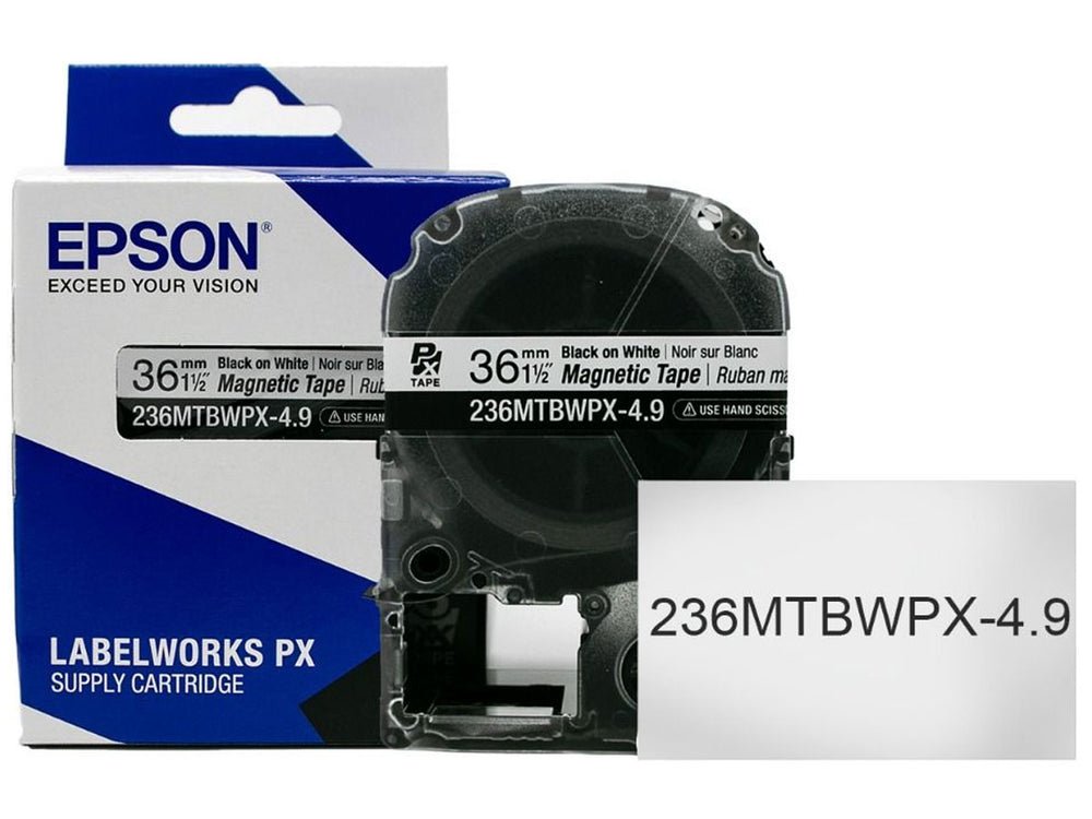 236MTBWPX-4.9 — Epson LabelWorks 36mm 1-1/2" x 4.92' Black on White Magnet Tape