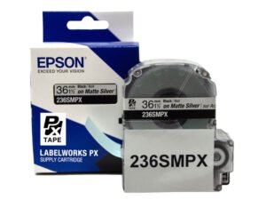 236SMPX — Epson LabelWorks 36mm 1-1/2" x 30' Black on Silver Matte PET Tape