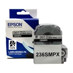 236SMPX — Epson LabelWorks 36mm 1-1/2" x 30' Black on Silver Matte PET Tape