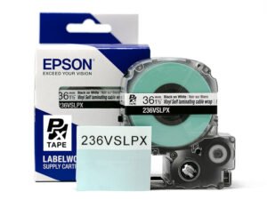 236VSLPX — Epson LabelWorks 36mm 1-1/2" x 26.2' Black Ink on Vinyl Self Lam Overwrap (1/2"White,1"Clear)
