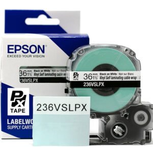 236VSLPX — Epson LabelWorks 36mm 1-1/2" x 26.2' Black Ink on Vinyl Self Lam Overwrap (1/2"White,1"Clear)