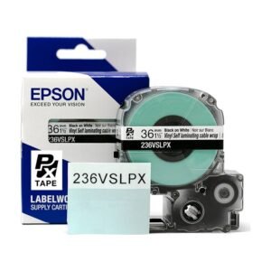 236VSLPX — Epson LabelWorks 36mm 1-1/2" x 26.2' Black Ink on Vinyl Self Lam Overwrap (1/2"White,1"Clear)