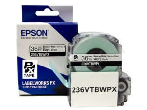 236VTBWPX — Epson LabelWorks 36mm 1-1/2" x 22.9' Black on White Vinyl Tape