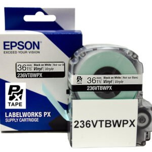 236VTBWPX — Epson LabelWorks 36mm 1-1/2" x 22.9' Black on White Vinyl Tape