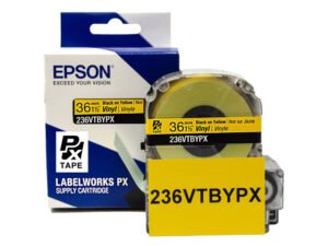 236VTBYPX — Epson LabelWorks 36mm 1-1/2" x 22.9' Black on Yellow Vinyl Tape
