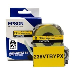 236VTBYPX — Epson LabelWorks 36mm 1-1/2" x 22.9' Black on Yellow Vinyl Tape