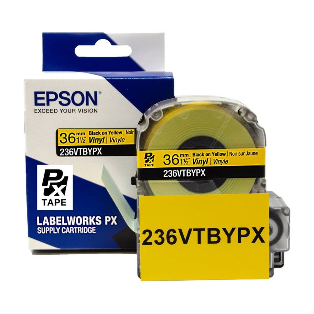 236VTBYPX — Epson LabelWorks 36mm 1-1/2" x 22.9' Black on Yellow Vinyl Tape