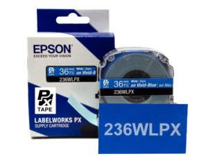 236WLPX — Epson LabelWorks 36mm 1-1/2" x 30' White on Vivid-Blue PET Tape