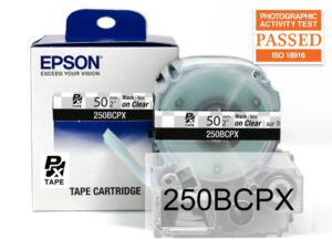 250BCPX — Epson LabelWorks 50mm 2" x 26.2' Black on Clear PET Tape 8M