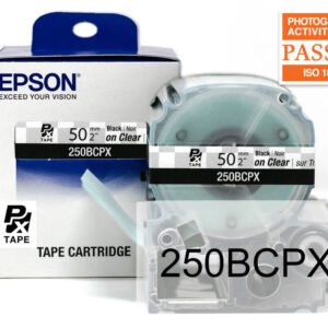 250BCPX — Epson LabelWorks 50mm 2" x 26.2' Black on Clear PET Tape 8M